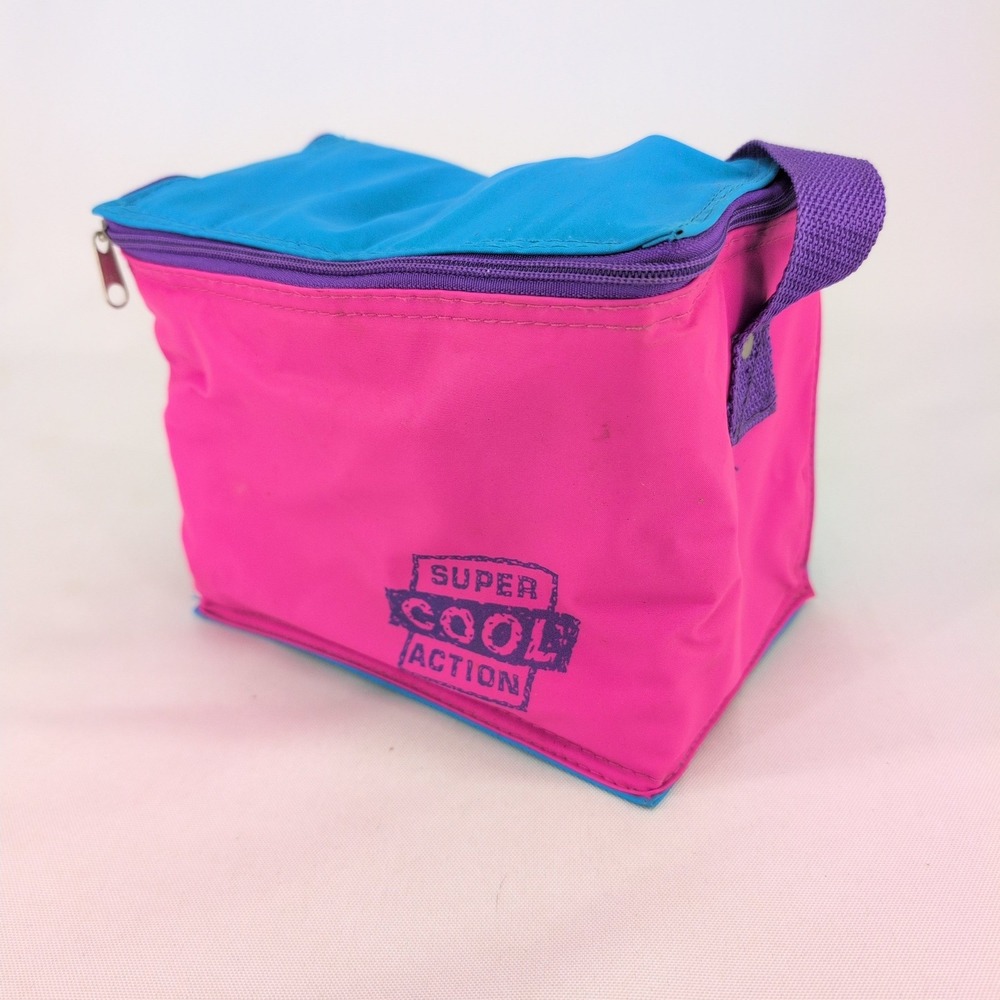 Vintage Lunch Bag Pink Blue Super Cool Action Neon 90s Insulated Retro